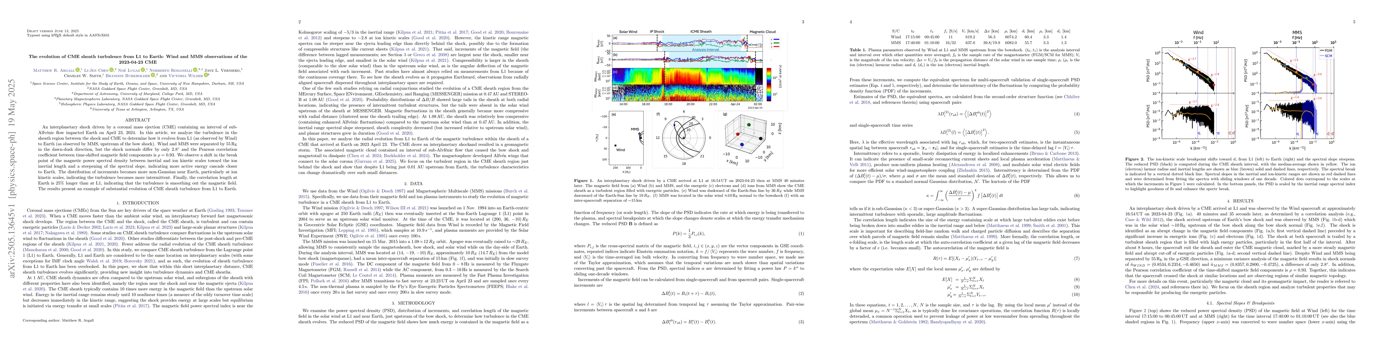 Thumbnail for The evolution of CME sheath turbulence from L1 to Earth: Wind and MMS
  observations of the 2023-04-23 CME