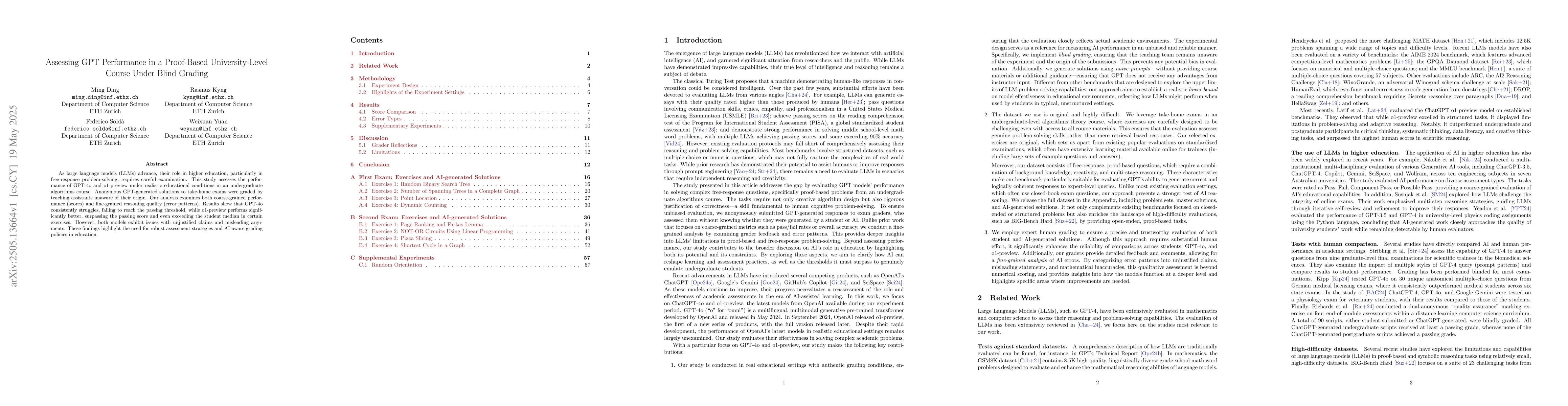 Thumbnail for Assessing GPT Performance in a Proof-Based University-Level Course Under
  Blind Grading