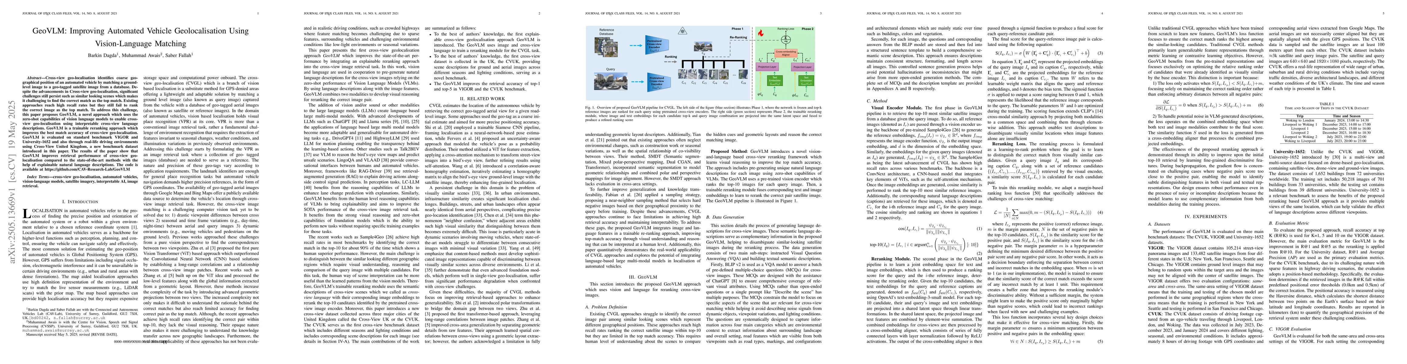 Thumbnail for GeoVLM: Improving Automated Vehicle Geolocalisation Using
  Vision-Language Matching