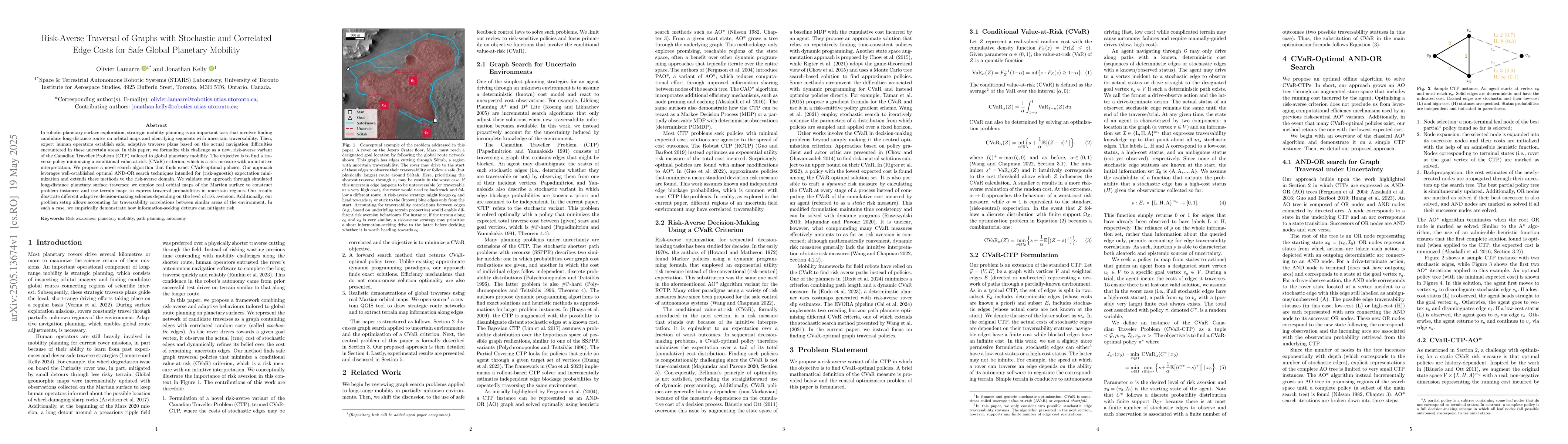Thumbnail for Risk-Averse Traversal of Graphs with Stochastic and Correlated Edge
  Costs for Safe Global Planetary Mobility