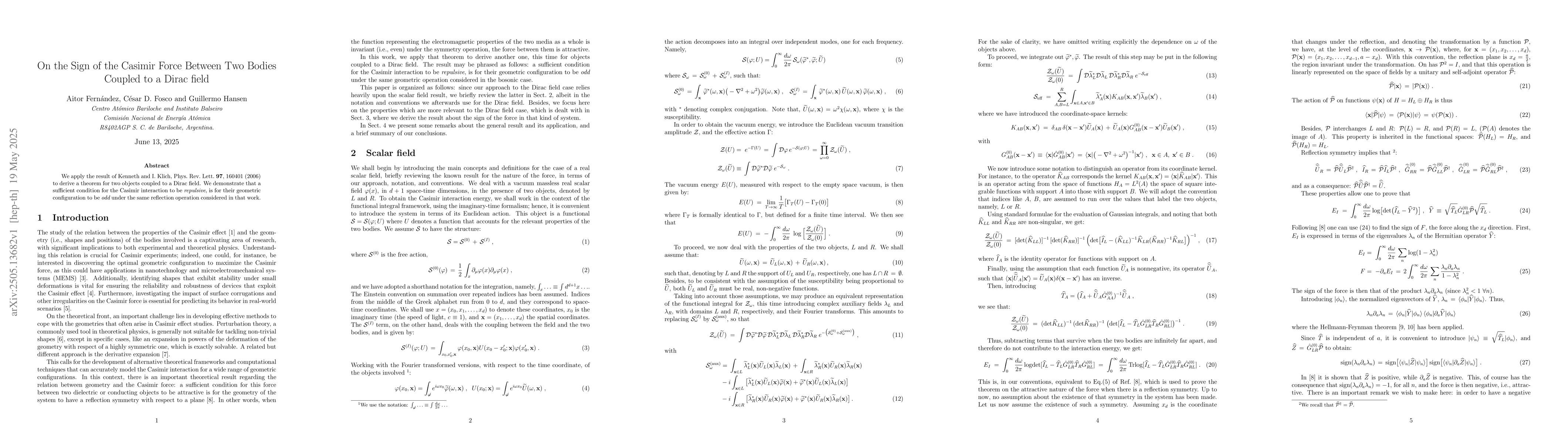 Thumbnail for On the Sign of the Casimir Force Between Two Bodies Coupled to a Dirac
  field