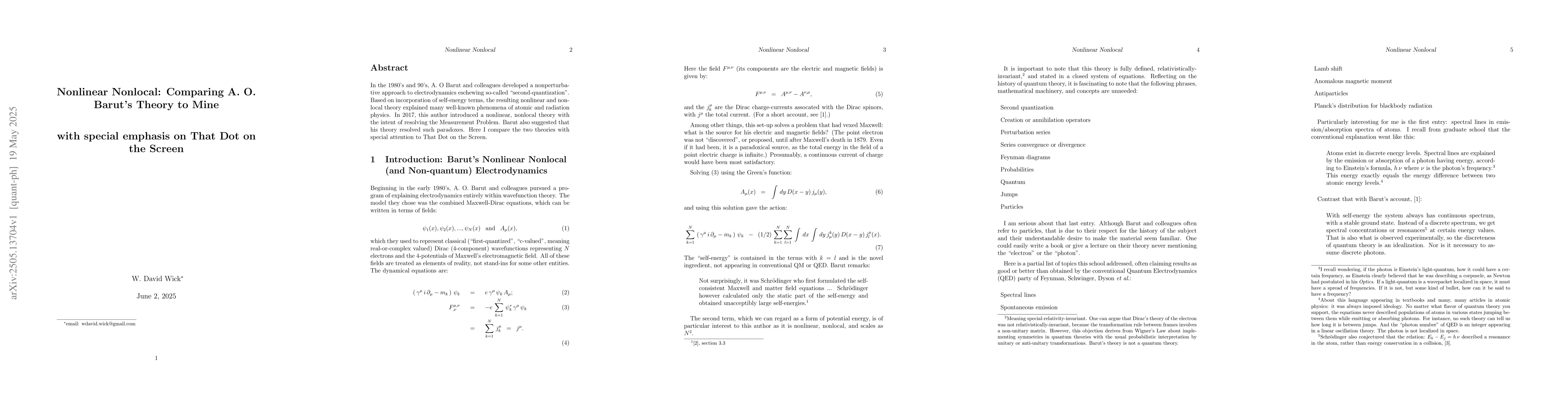 Thumbnail for Nonlinear Nonlocal: Comparing A. O. Barut's Theory to Mine with special
  emphasis on That Dot on the Screen