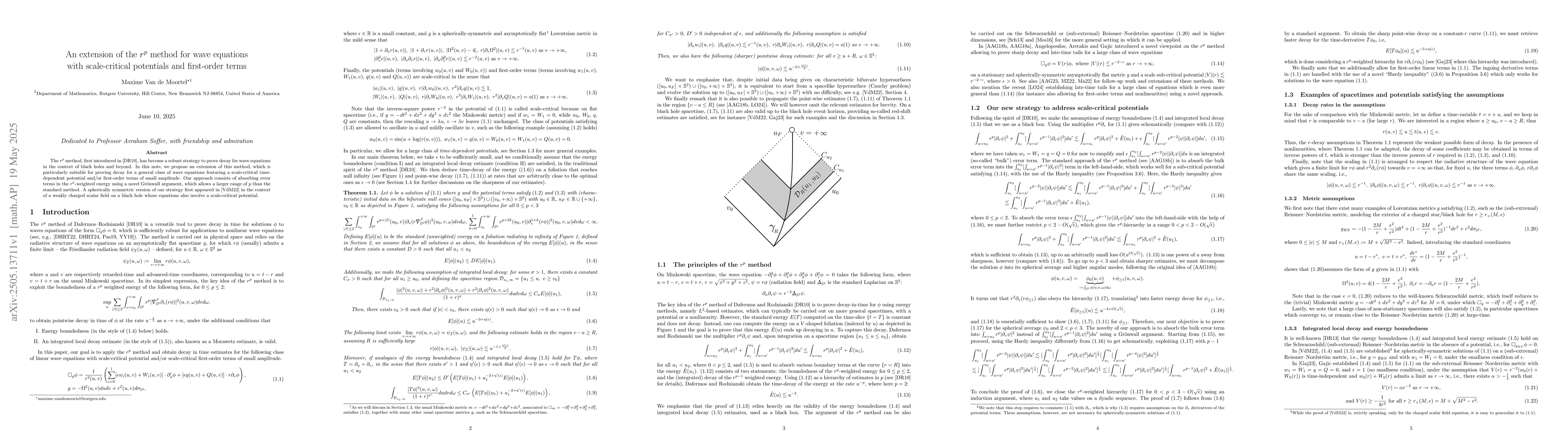 Thumbnail for An extension of the $r^p$ method for wave equations with scale-critical
  potentials and first-order terms