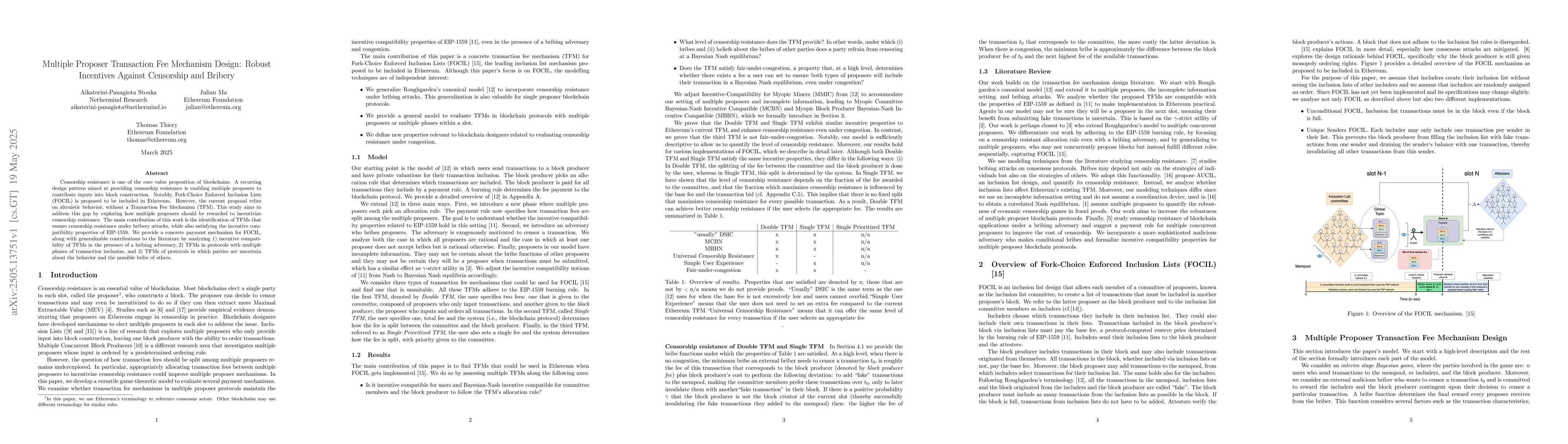 Thumbnail for Multiple Proposer Transaction Fee Mechanism Design: Robust Incentives
  Against Censorship and Bribery