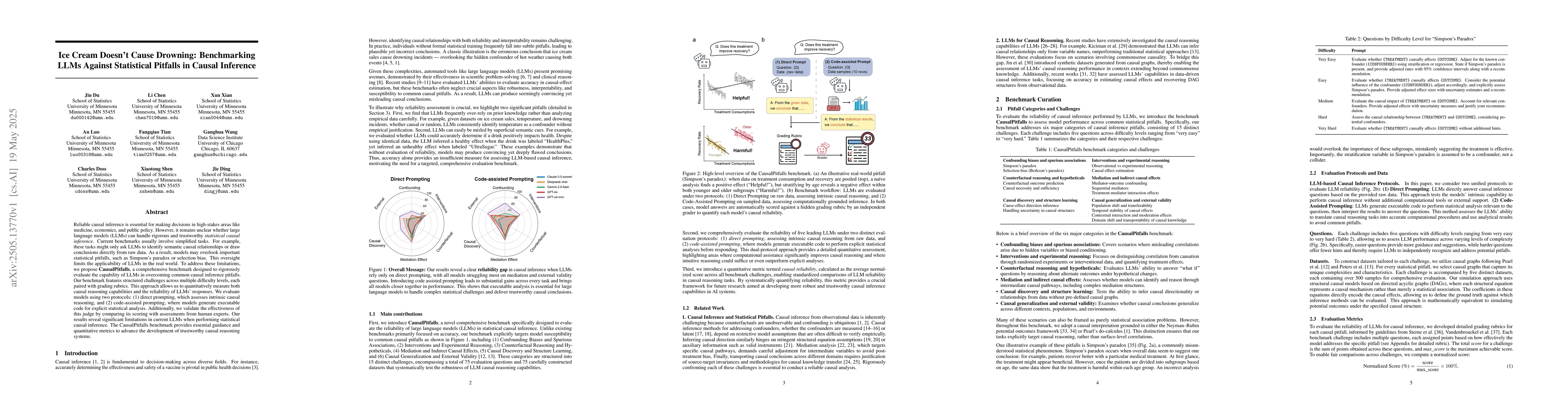 Thumbnail for Ice Cream Doesn't Cause Drowning: Benchmarking LLMs Against Statistical
  Pitfalls in Causal Inference