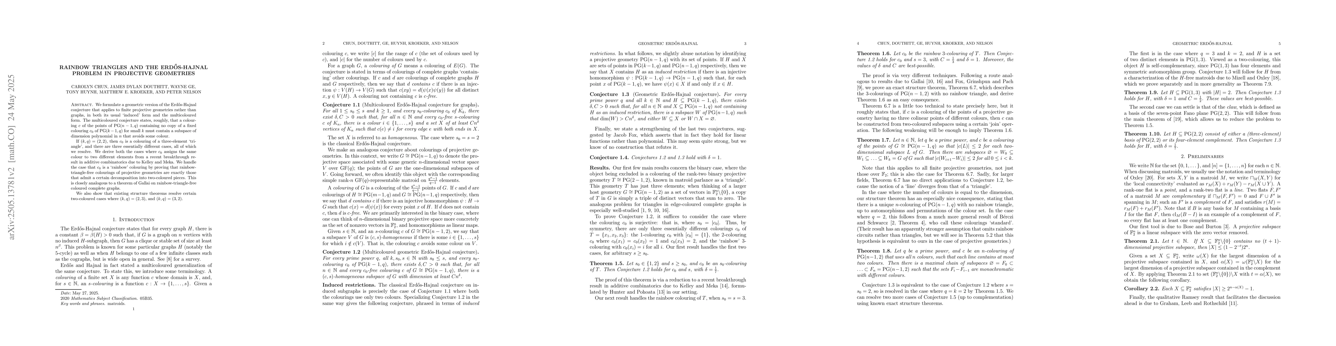 Thumbnail for Rainbow triangles and the Erdős-Hajnal problem in projective
  geometries