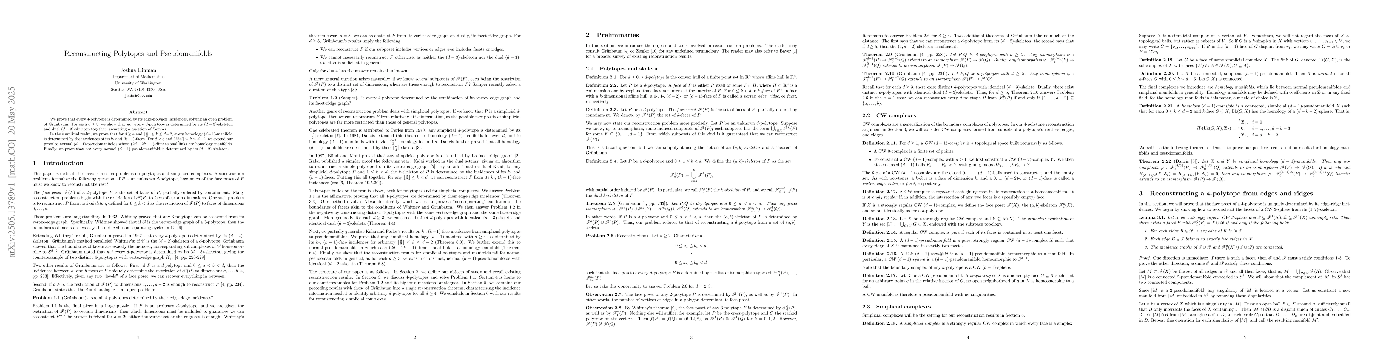 Thumbnail for Reconstructing Polytopes and Pseudomanifolds