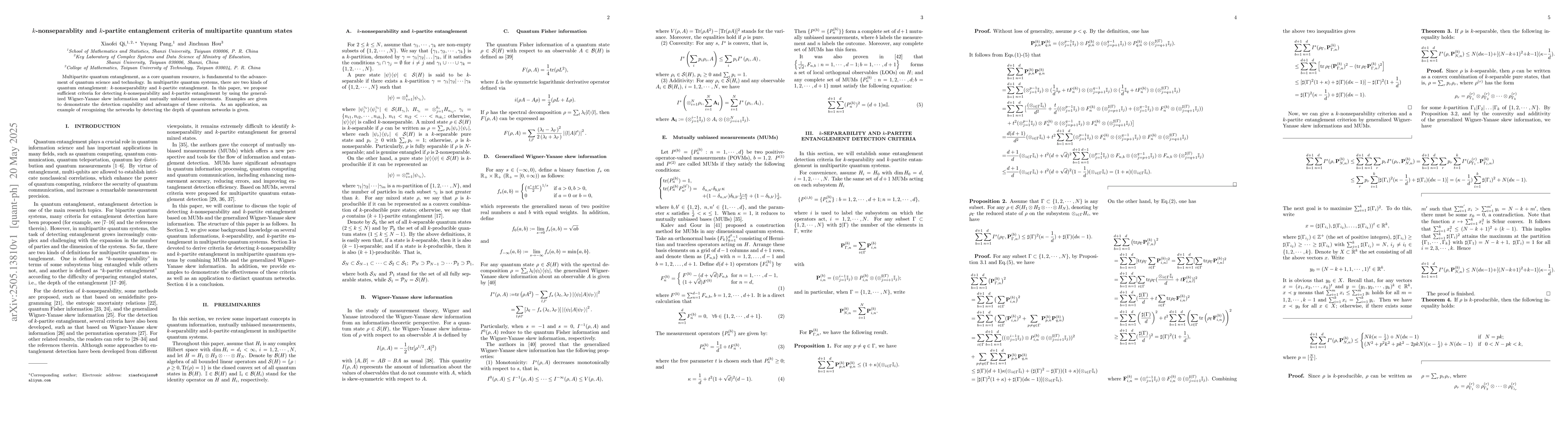 Thumbnail for $k$-nonseparablity and $k$-partite entanglement criteria of multipartite
  quantum states