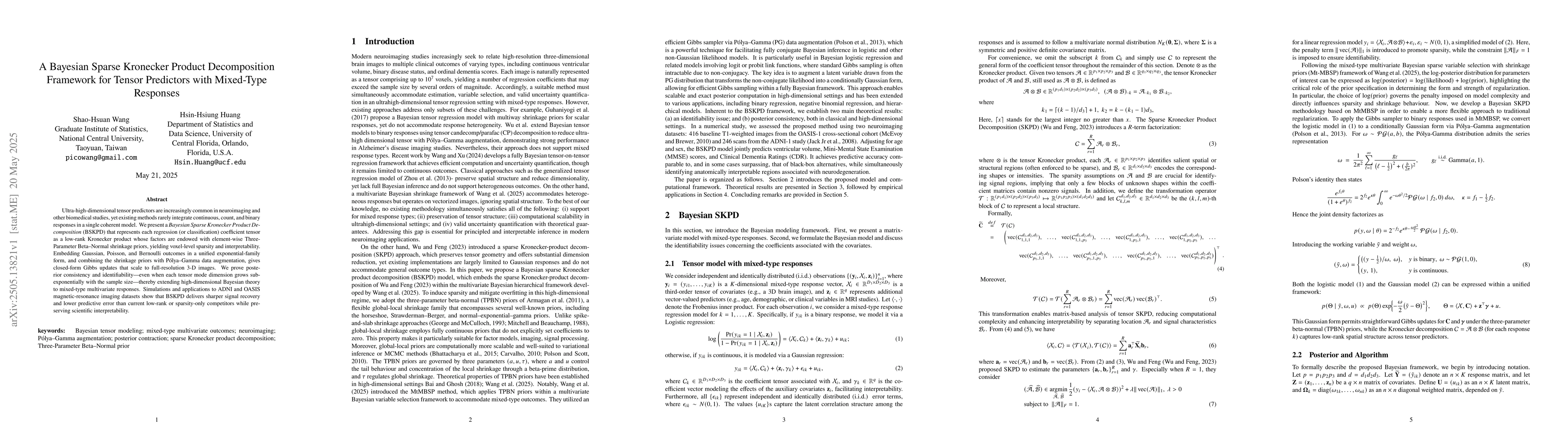 Thumbnail for A Bayesian Sparse Kronecker Product Decomposition Framework for Tensor
  Predictors with Mixed-Type Responses
