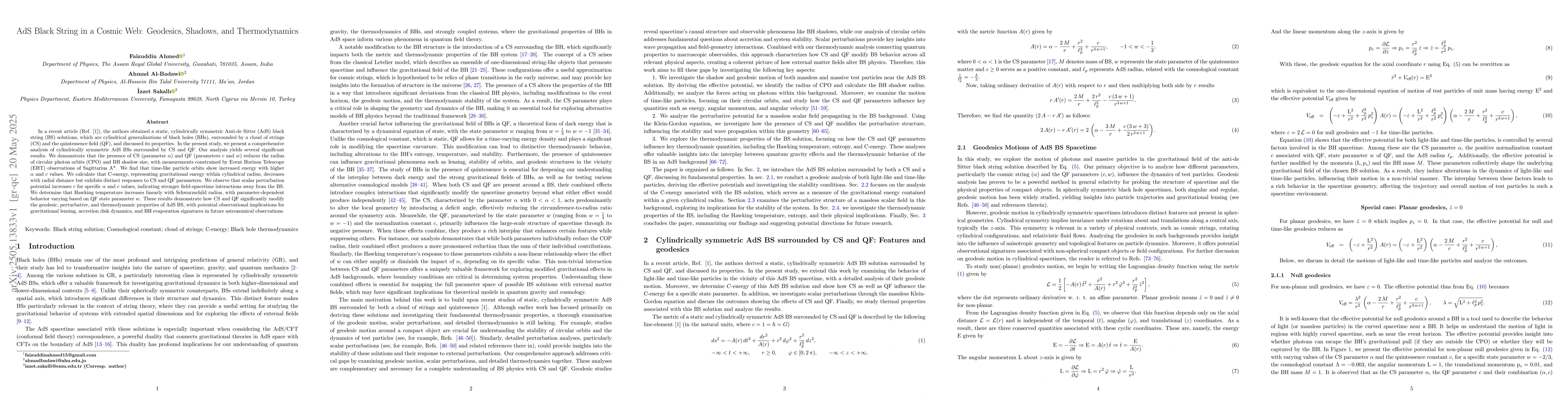 Thumbnail for AdS Black String in a Cosmic Web: Geodesics, Shadows, and Thermodynamics