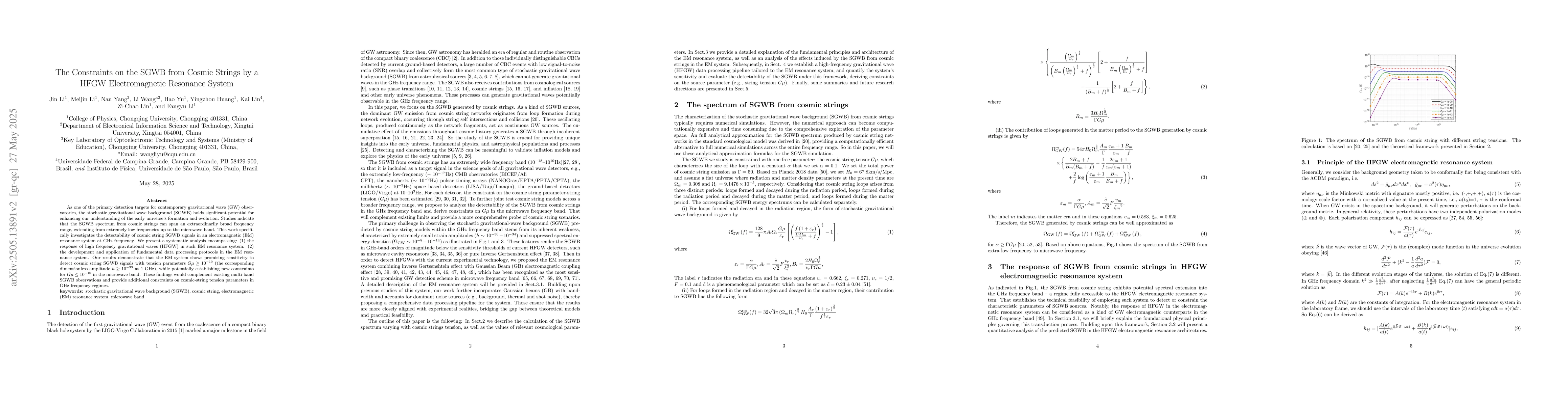 Thumbnail for The Constraints on the SGWB from Cosmic Strings by a HFGW
  Electromagnetic Resonance System