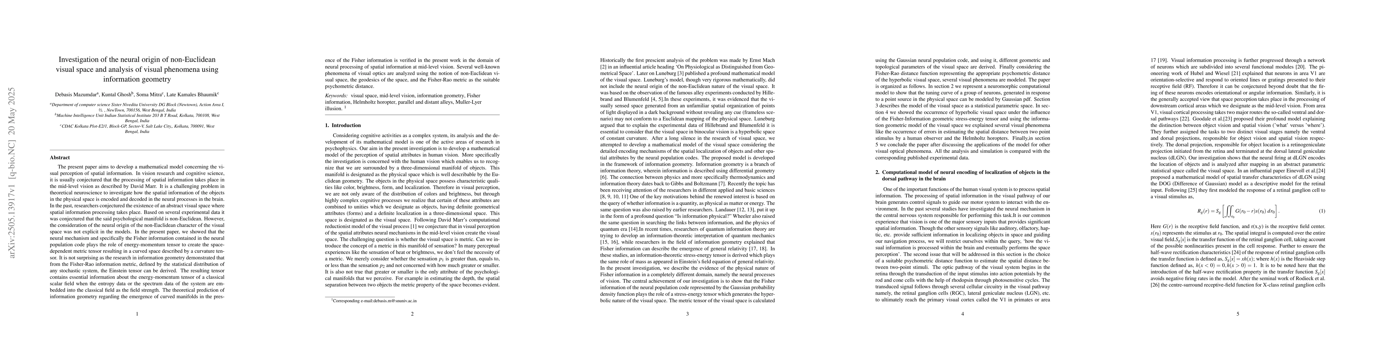 Thumbnail for Investigation of the neural origin of non-Euclidean visual space and
  analysis of visual phenomena using information geometry