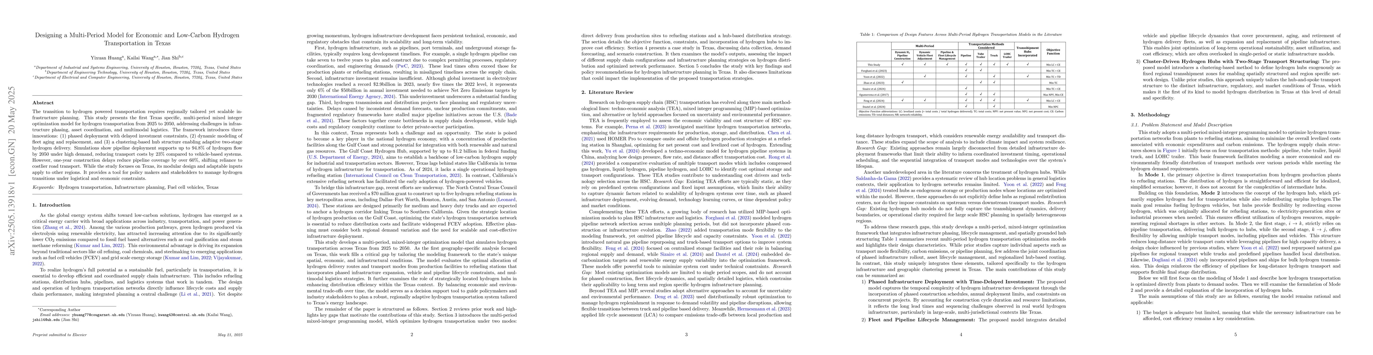 Thumbnail for Designing a Multi-Period Model for Economic and Low-Carbon Hydrogen
  Transportation in Texas