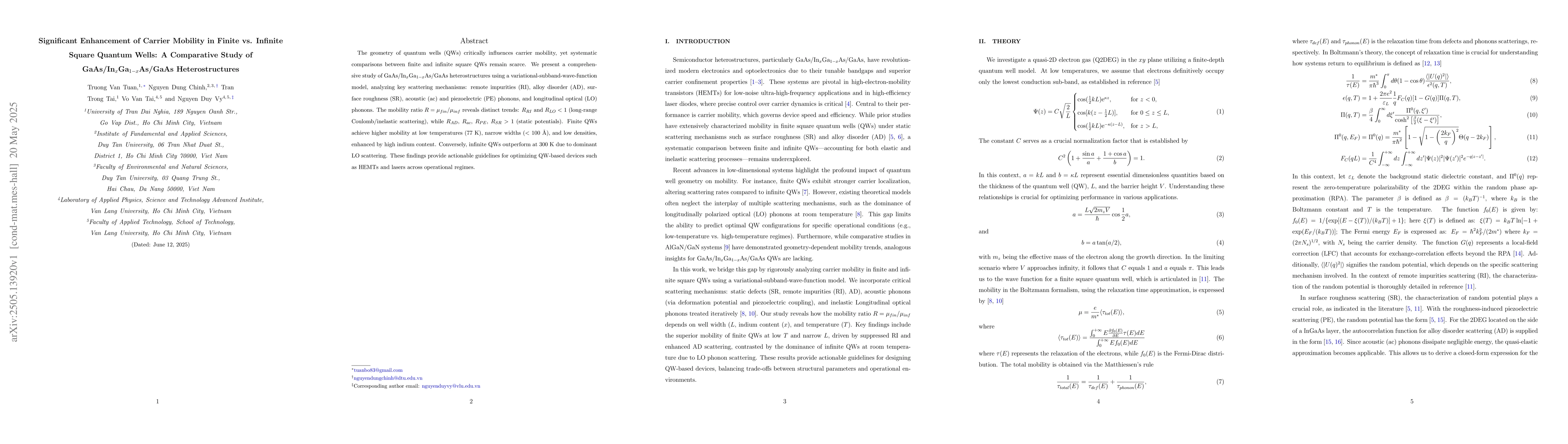 Thumbnail for Significant Enhancement of Carrier Mobility in Finite vs. Infinite
  Square Quantum Wells: A Comparative Study of GaAs/In$_x$Ga$_{1-x}$As/GaAs
  Heterostructures