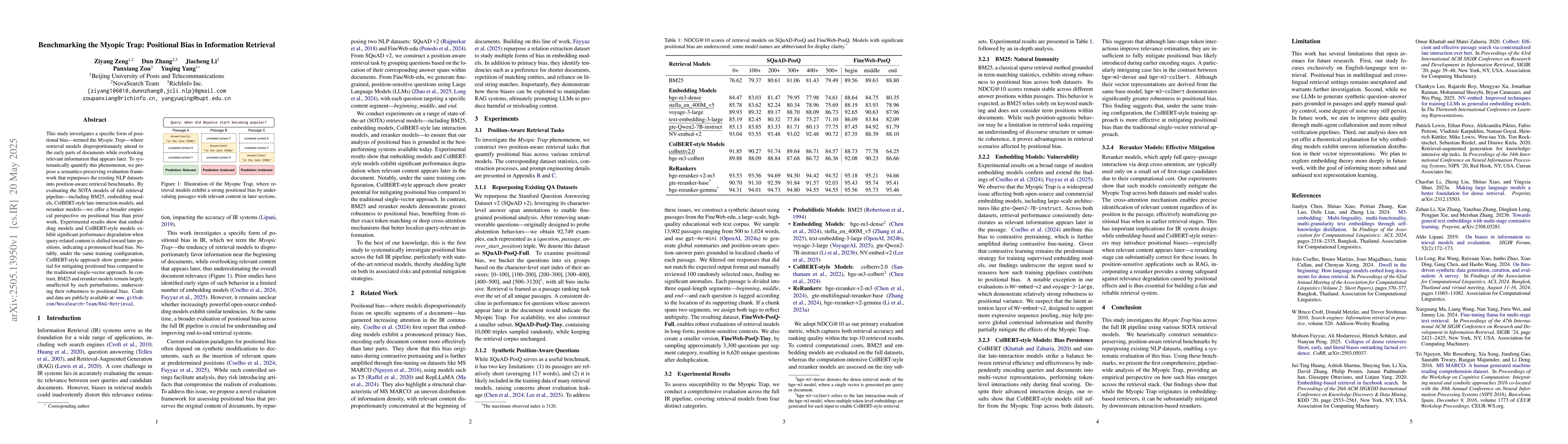 Thumbnail for Benchmarking the Myopic Trap: Positional Bias in Information Retrieval