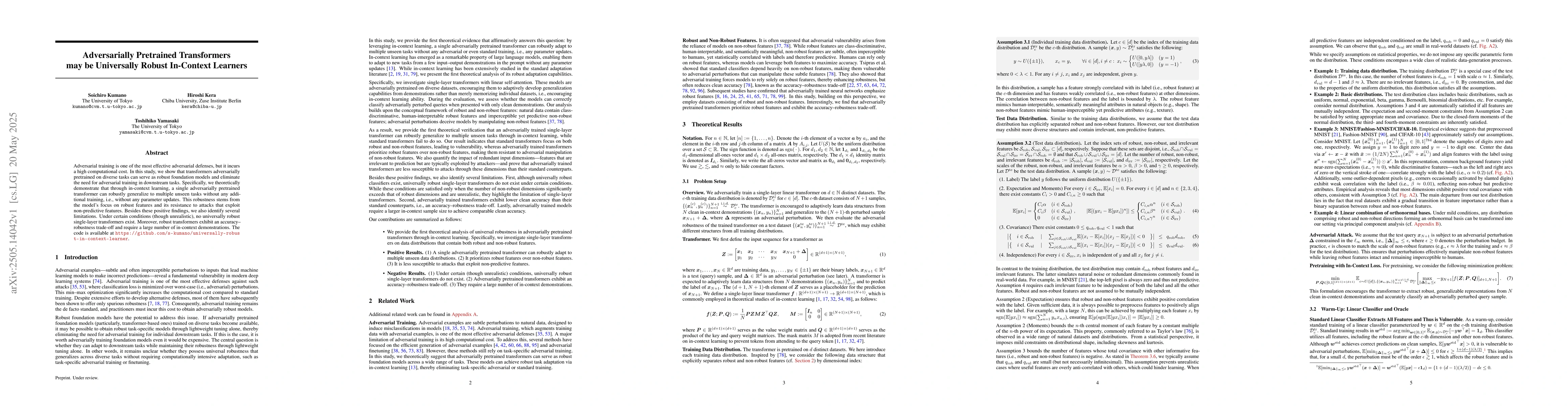 Thumbnail for Adversarially Pretrained Transformers may be Universally Robust
  In-Context Learners
