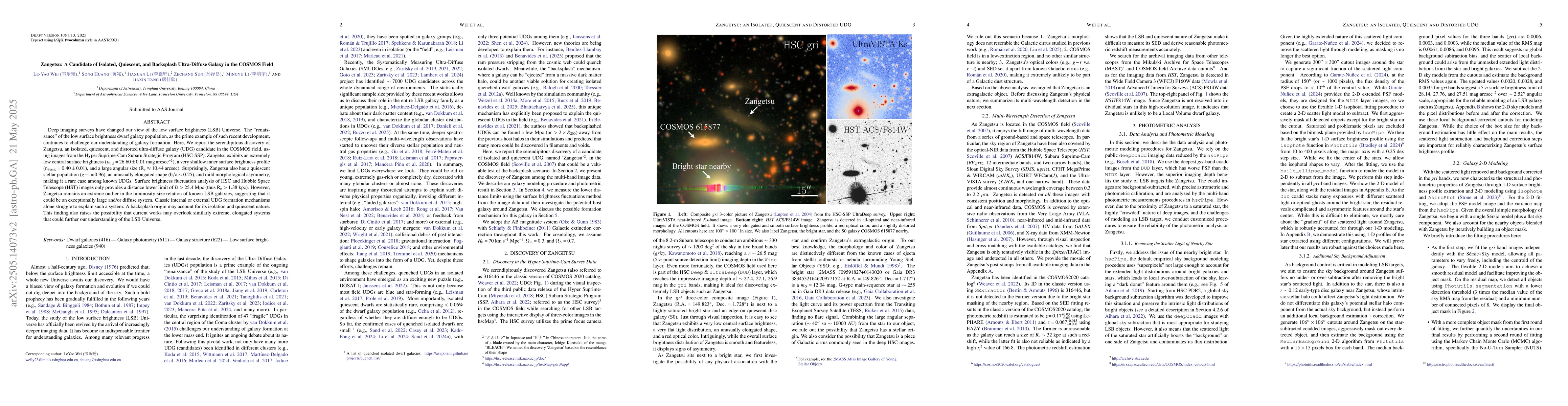 Thumbnail for Zangetsu: A Candidate of Isolated, Quiescent, and Backsplash
  Ultra-Diffuse Galaxy in the COSMOS Field