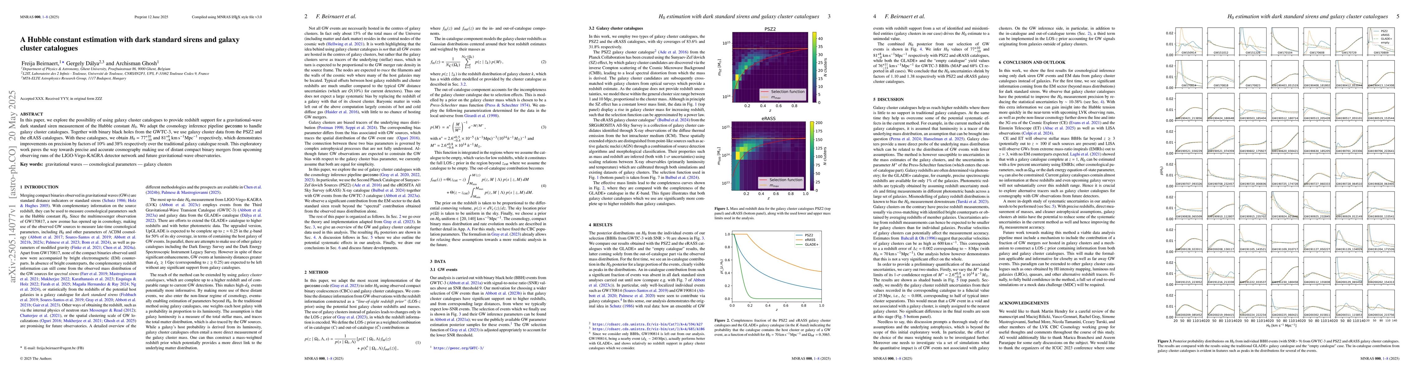 Thumbnail for A Hubble constant estimation with dark standard sirens and galaxy
  cluster catalogues