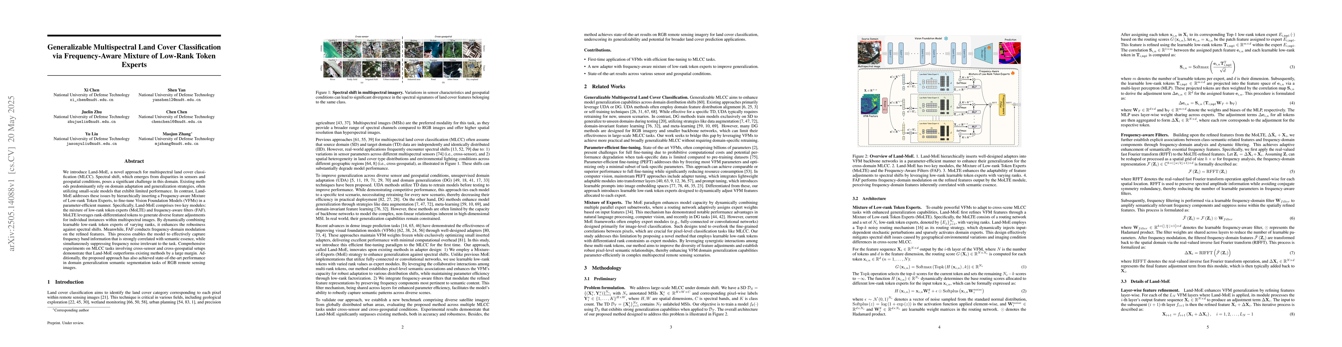 Thumbnail for Generalizable Multispectral Land Cover Classification via
  Frequency-Aware Mixture of Low-Rank Token Experts