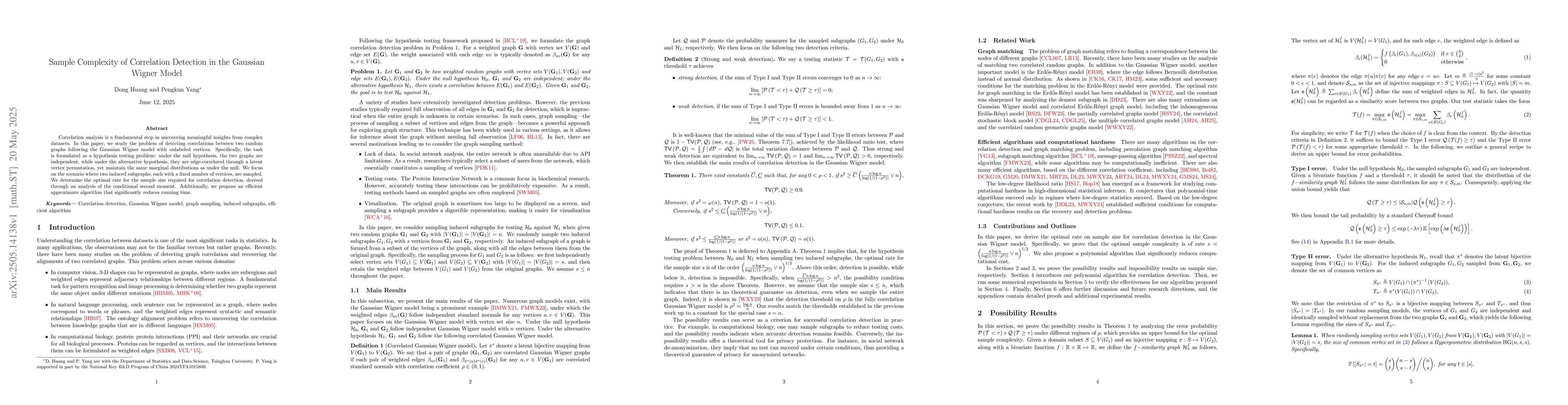 Thumbnail for Sample Complexity of Correlation Detection in the Gaussian Wigner Model