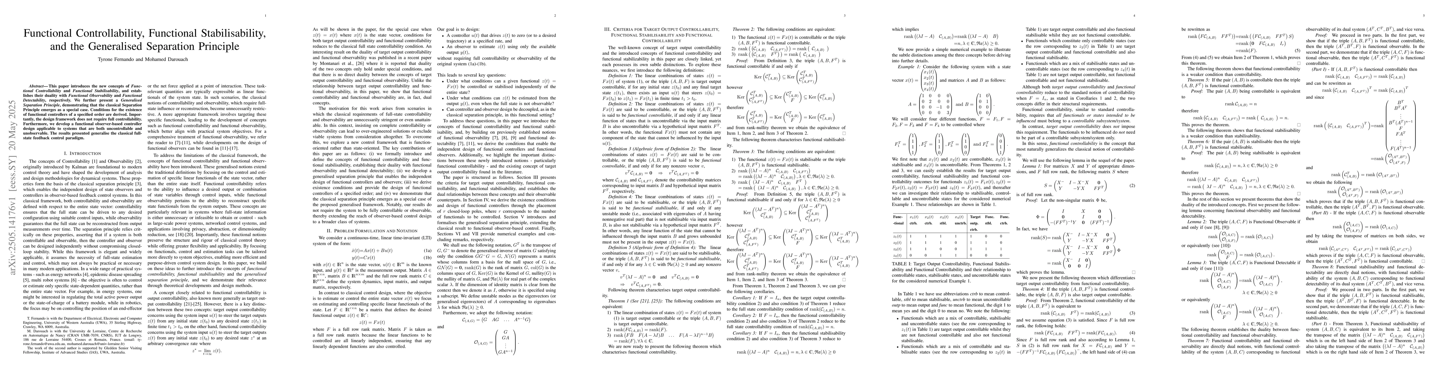 Thumbnail for Functional Controllability, Functional Stabilisability, and the
  Generalised Separation Principle