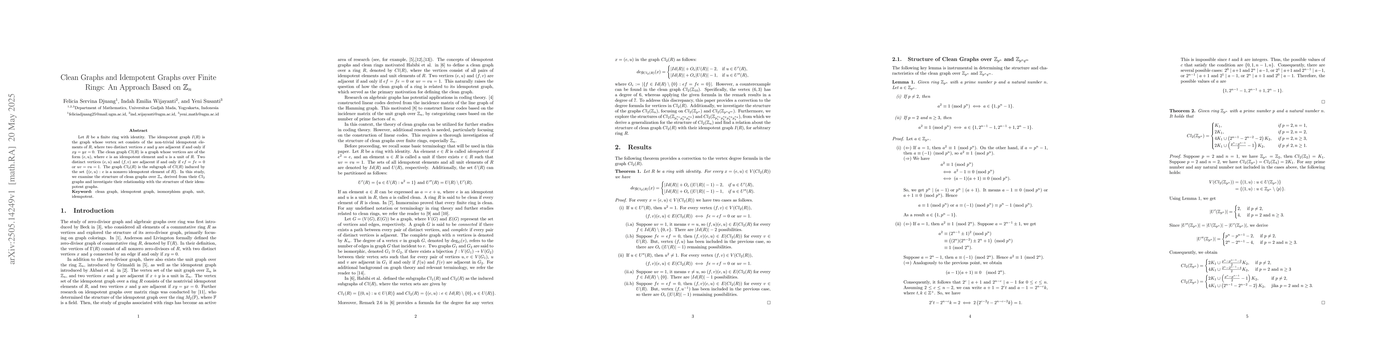 Thumbnail for Clean Graphs and Idempotent Graphs over Finite Rings: An Approach Based
  on Z_n