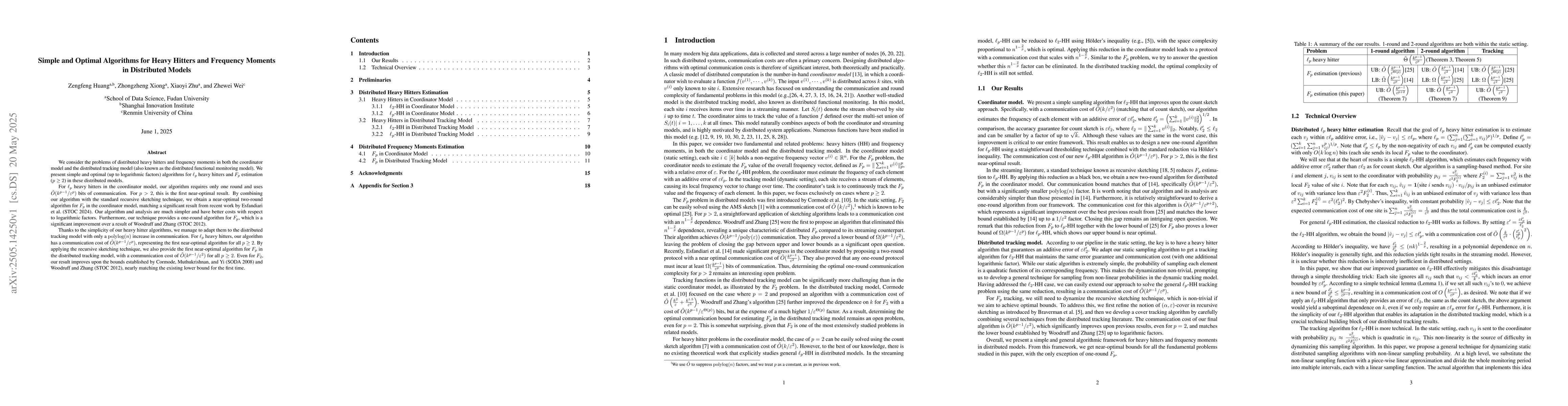 Thumbnail for Simple and Optimal Algorithms for Heavy Hitters and Frequency Moments in
  Distributed Models