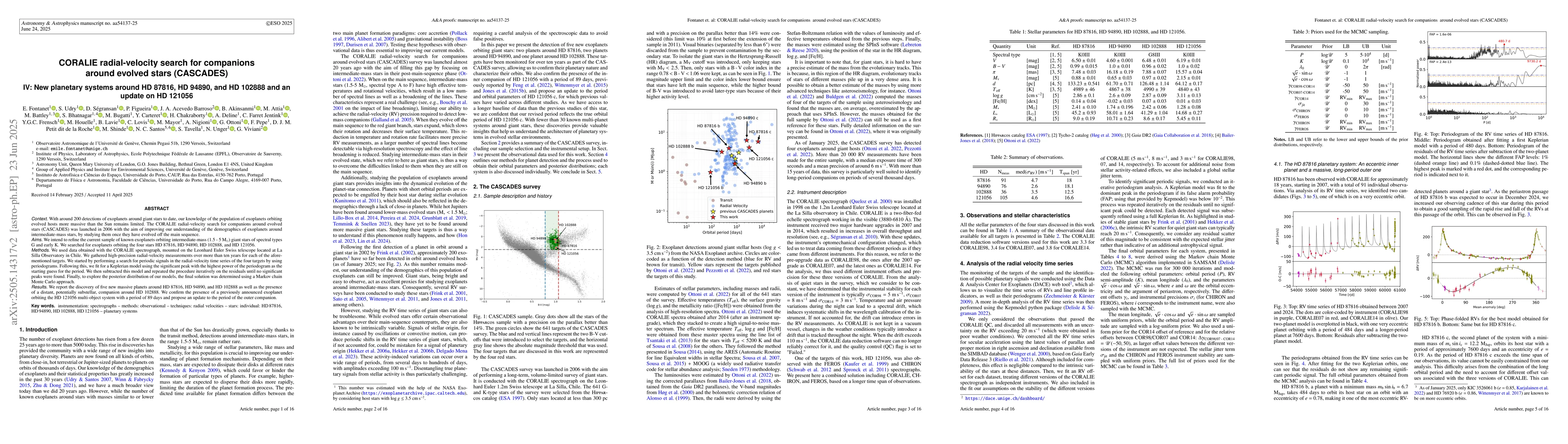 Thumbnail for CORALIE radial-velocity search for companions around evolved stars
  (CASCADES) IV: New planetary systems around HD 87816, HD 94890, and HD 102888
  and an update on HD 121056