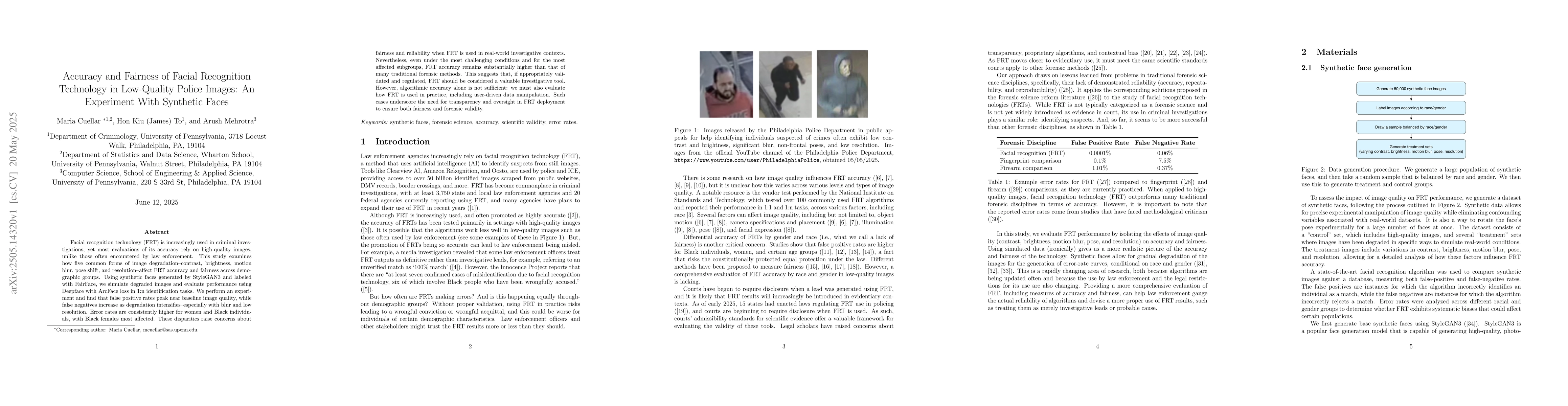 Thumbnail for Accuracy and Fairness of Facial Recognition Technology in Low-Quality
  Police Images: An Experiment With Synthetic Faces