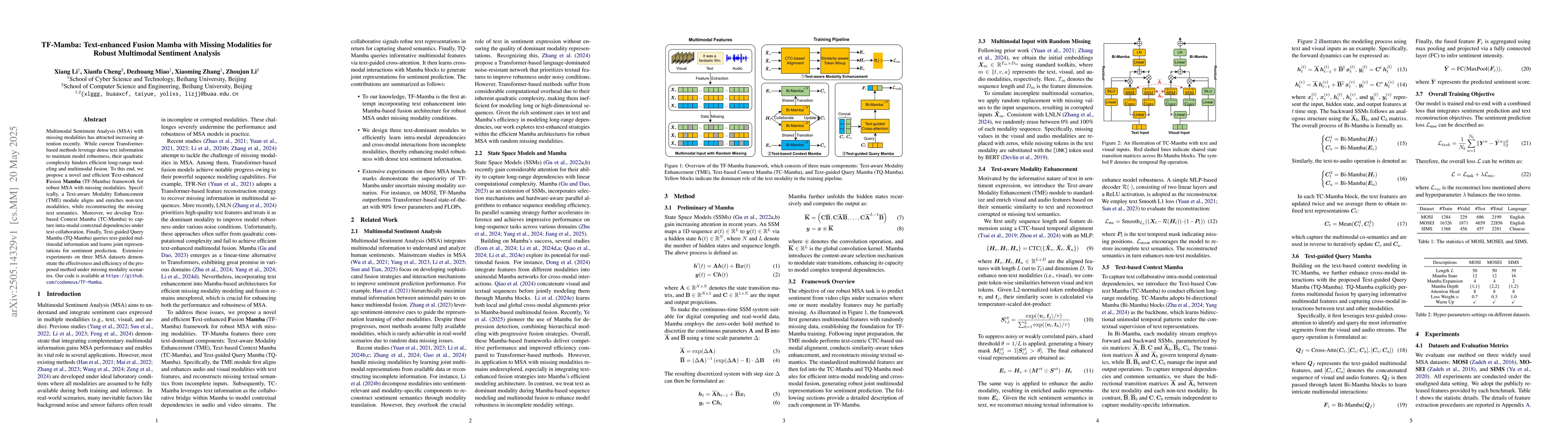 Thumbnail for TF-Mamba: Text-enhanced Fusion Mamba with Missing Modalities for Robust
  Multimodal Sentiment Analysis