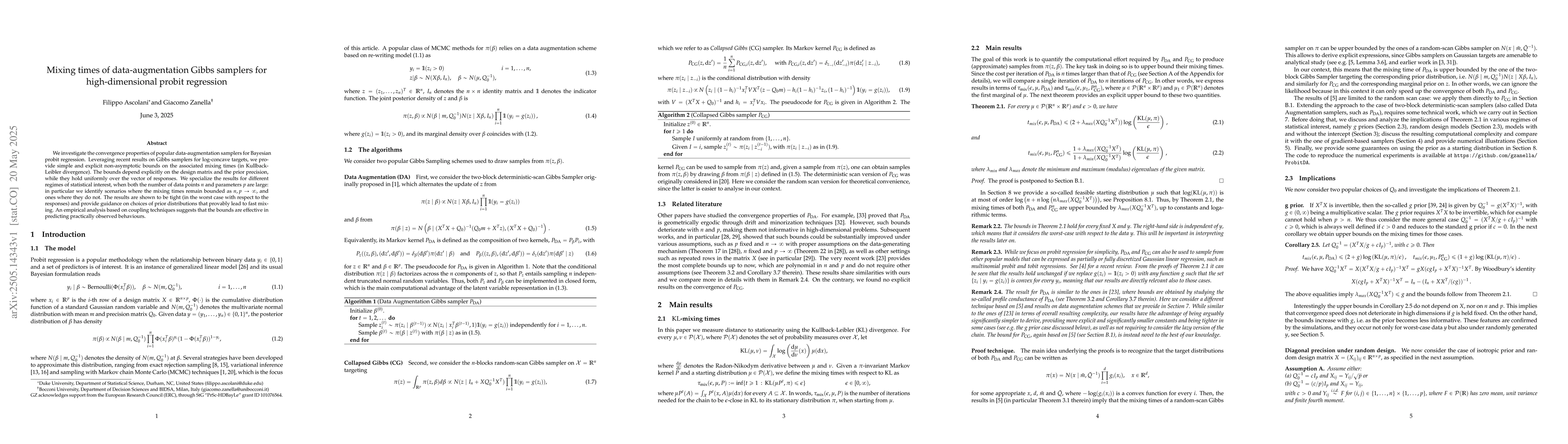 Thumbnail for Mixing times of data-augmentation Gibbs samplers for high-dimensional
  probit regression