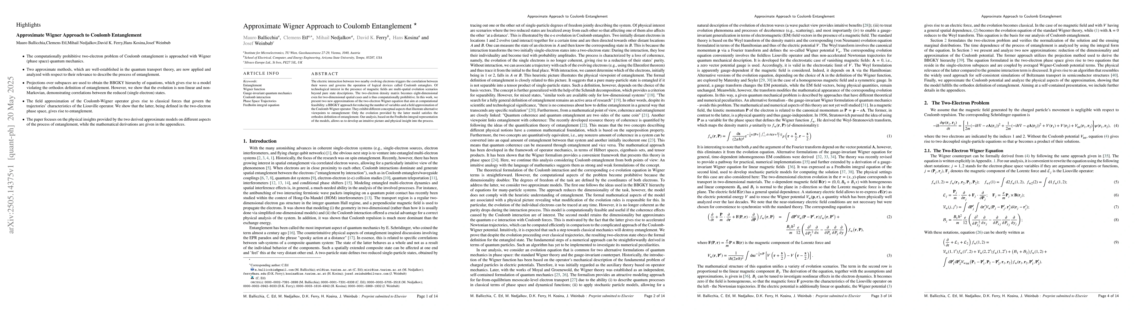 Thumbnail for Approximate Wigner Approach to Coulomb Entanglement