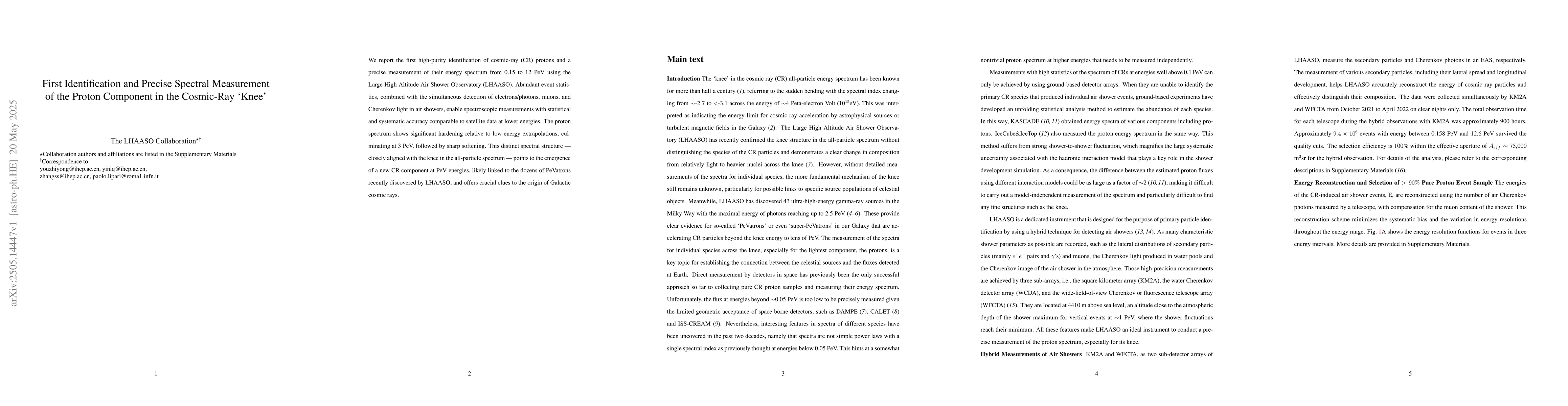 Thumbnail for First Identification and Precise Spectral Measurement of the Proton
  Component in the Cosmic-Ray `Knee'