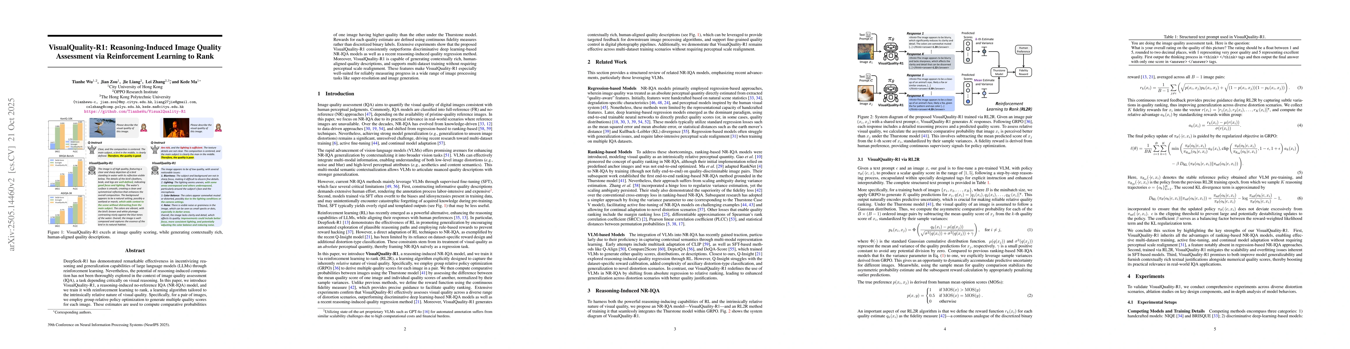 Thumbnail for VisualQuality-R1: Reasoning-Induced Image Quality Assessment via
  Reinforcement Learning to Rank