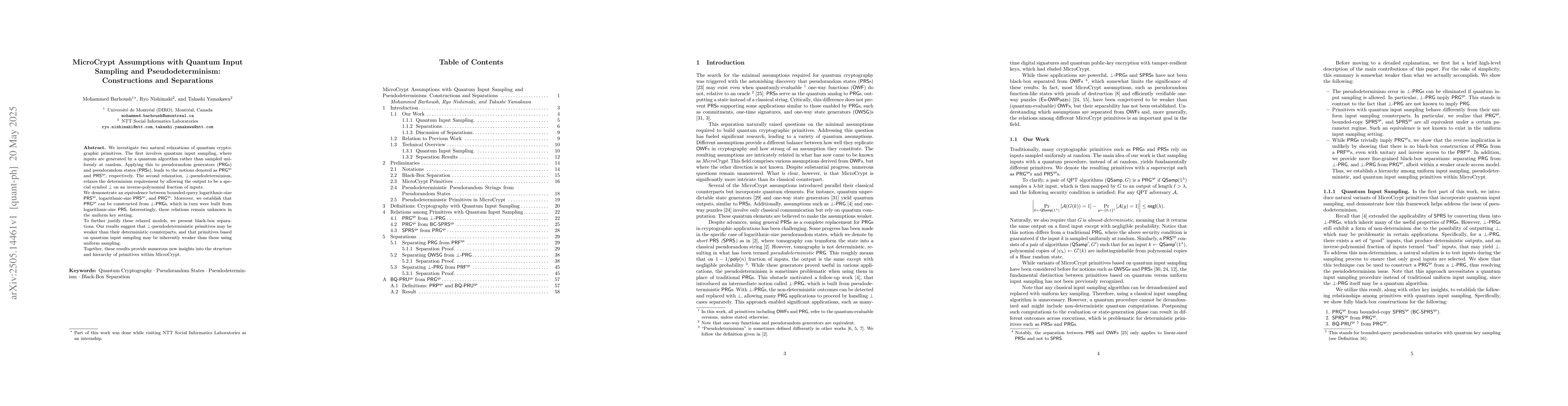 Thumbnail for MicroCrypt Assumptions with Quantum Input Sampling and
  Pseudodeterminism: Constructions and Separations