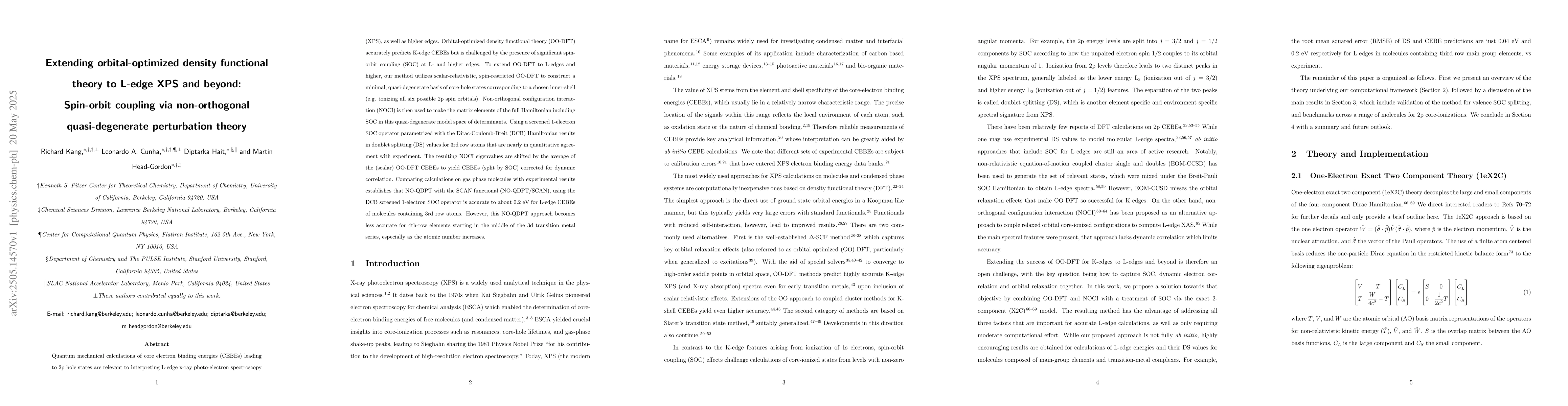 Thumbnail for Extending orbital-optimized density functional theory to L-edge XPS and
  beyond: Spin-orbit coupling via non-orthogonal quasi-degenerate perturbation
  theory