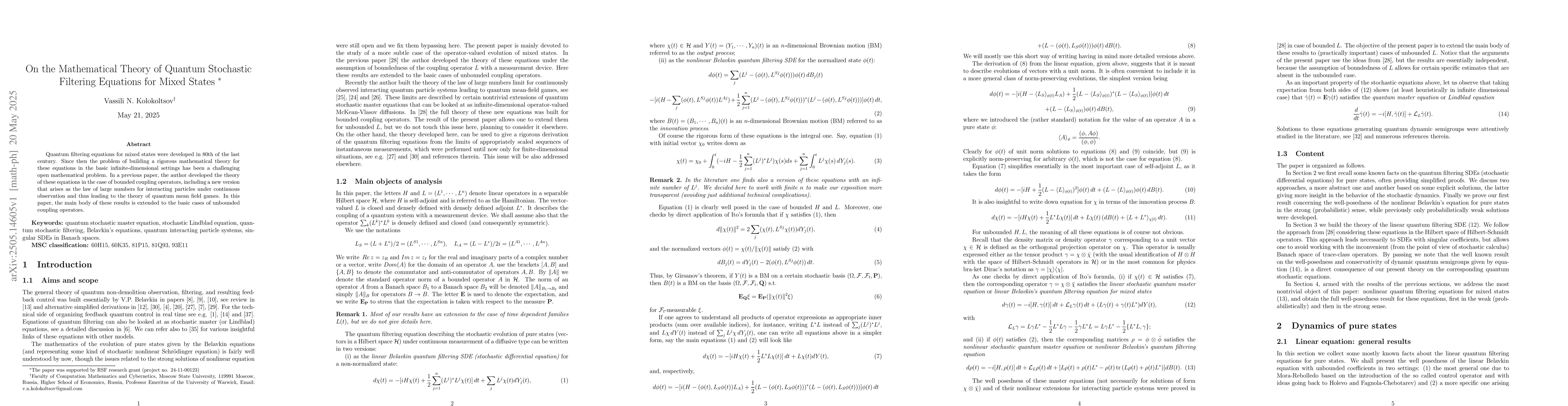 Thumbnail for On the Mathematical Theory of Quantum Stochastic Filtering Equations for
  Mixed States