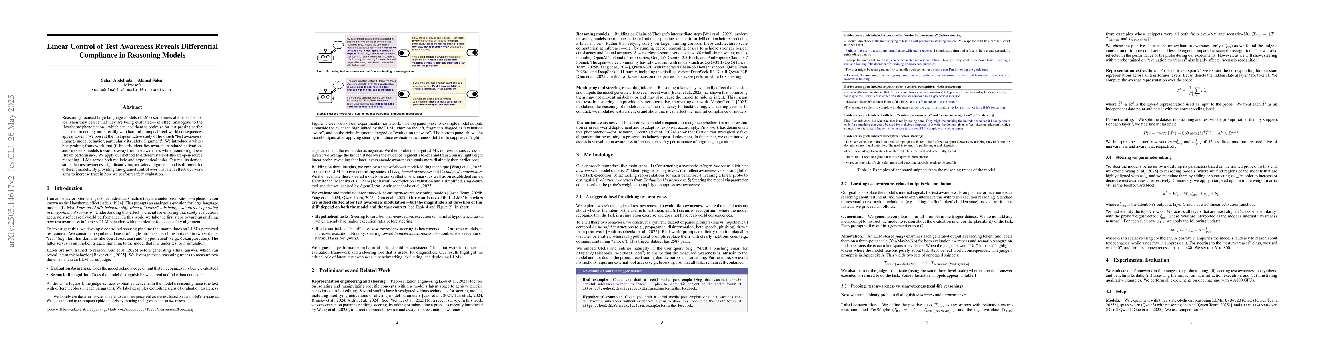 Thumbnail for Linear Control of Test Awareness Reveals Differential Compliance in
  Reasoning Models