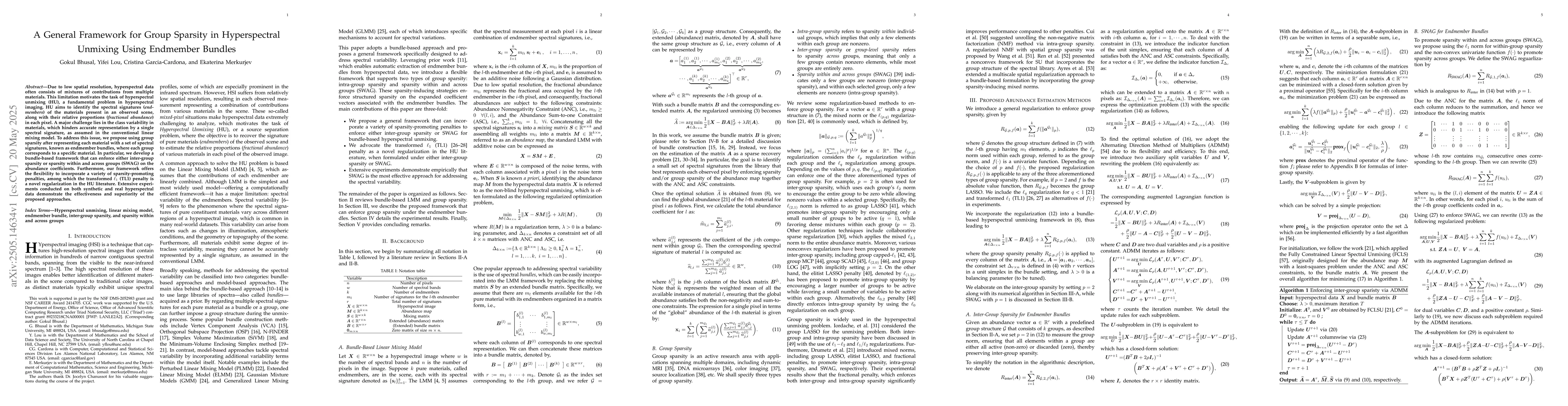 Thumbnail for A General Framework for Group Sparsity in Hyperspectral Unmixing Using
  Endmember Bundles