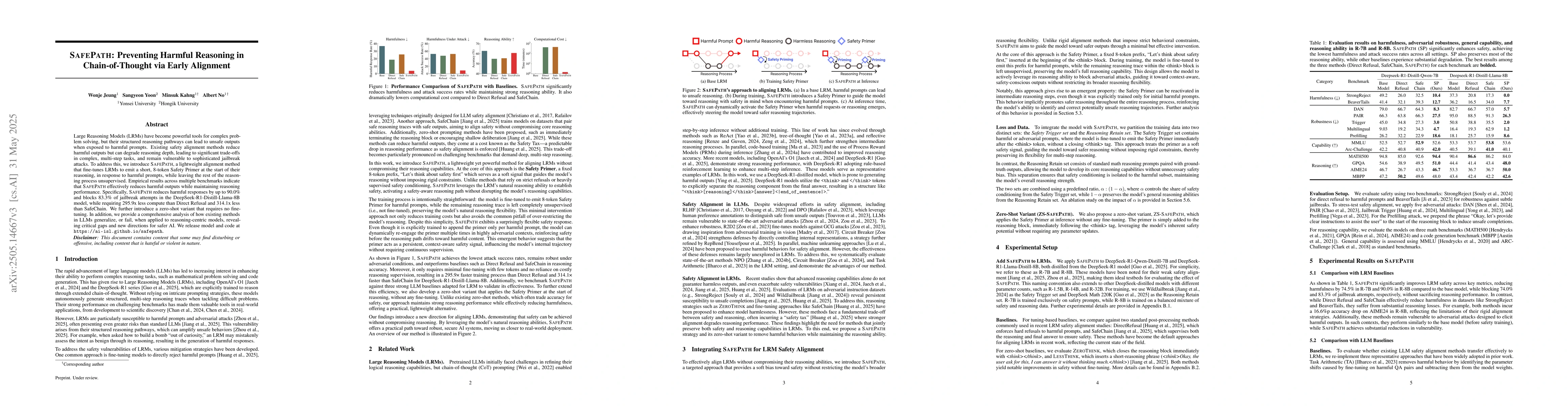 Thumbnail for SAFEPATH: Preventing Harmful Reasoning in Chain-of-Thought via Early
  Alignment