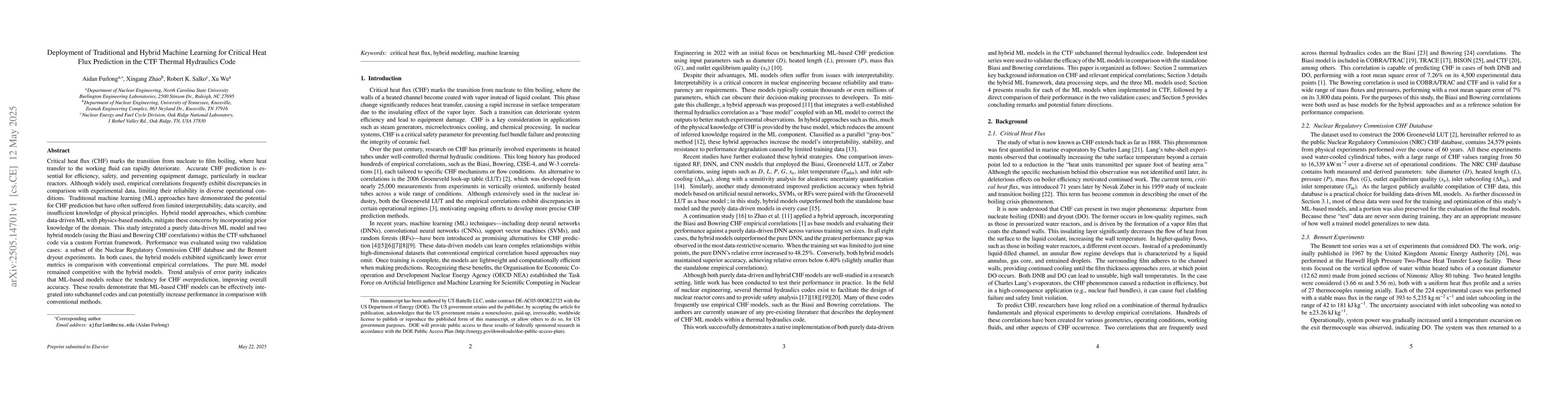 Thumbnail for Deployment of Traditional and Hybrid Machine Learning for Critical Heat
  Flux Prediction in the CTF Thermal Hydraulics Code