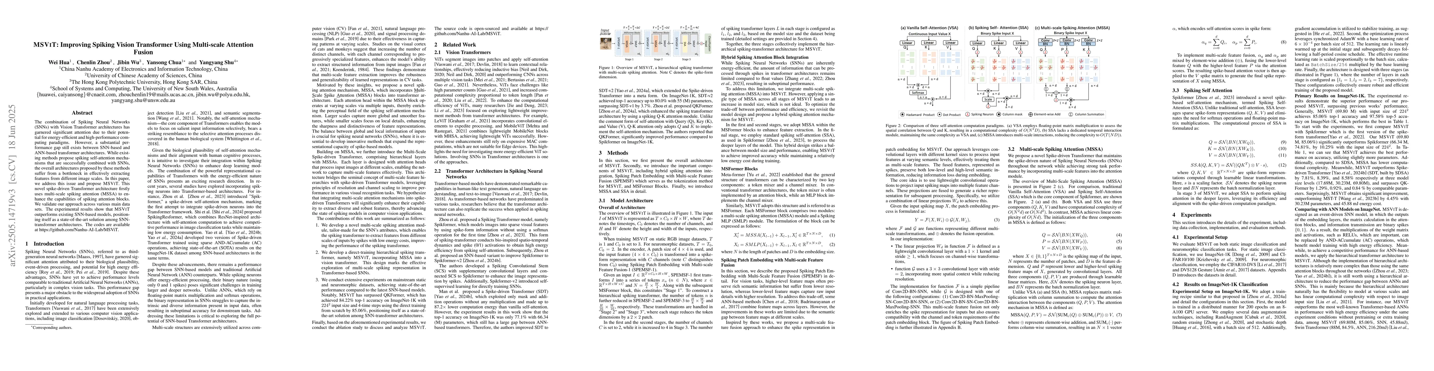 Thumbnail for MSVIT: Improving Spiking Vision Transformer Using Multi-scale Attention
  Fusion
