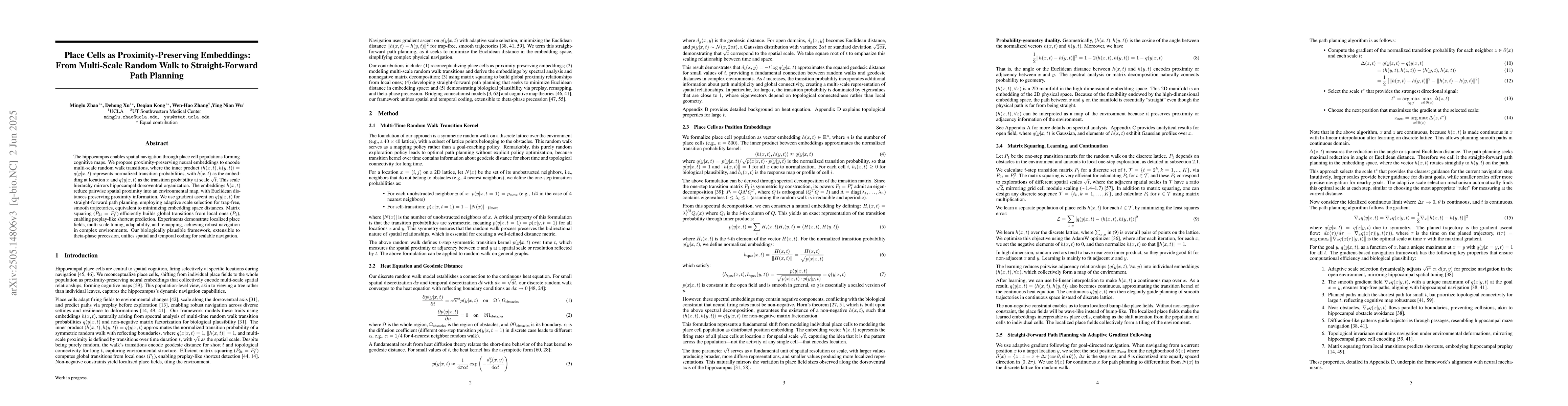 Thumbnail for Place Cells as Position Embeddings of Multi-Time Random Walk Transition
  Kernels for Path Planning