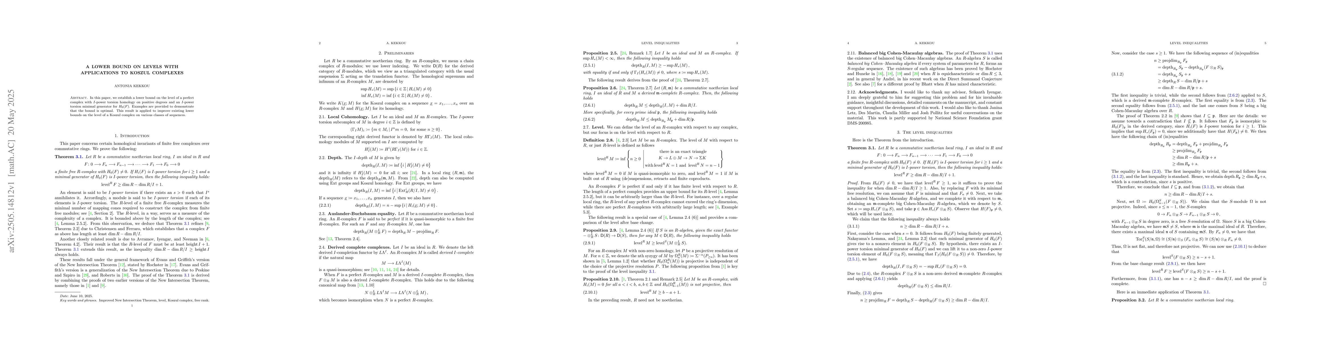 Thumbnail for A lower bound on levels with applications to Koszul Complexes