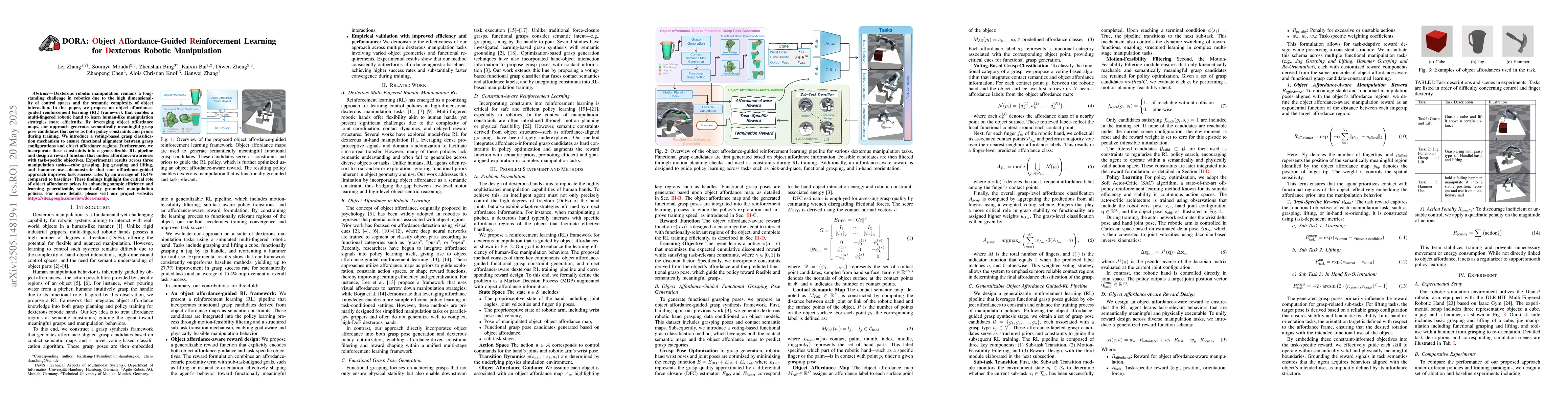 Thumbnail for DORA: Object Affordance-Guided Reinforcement Learning for Dexterous
  Robotic Manipulation