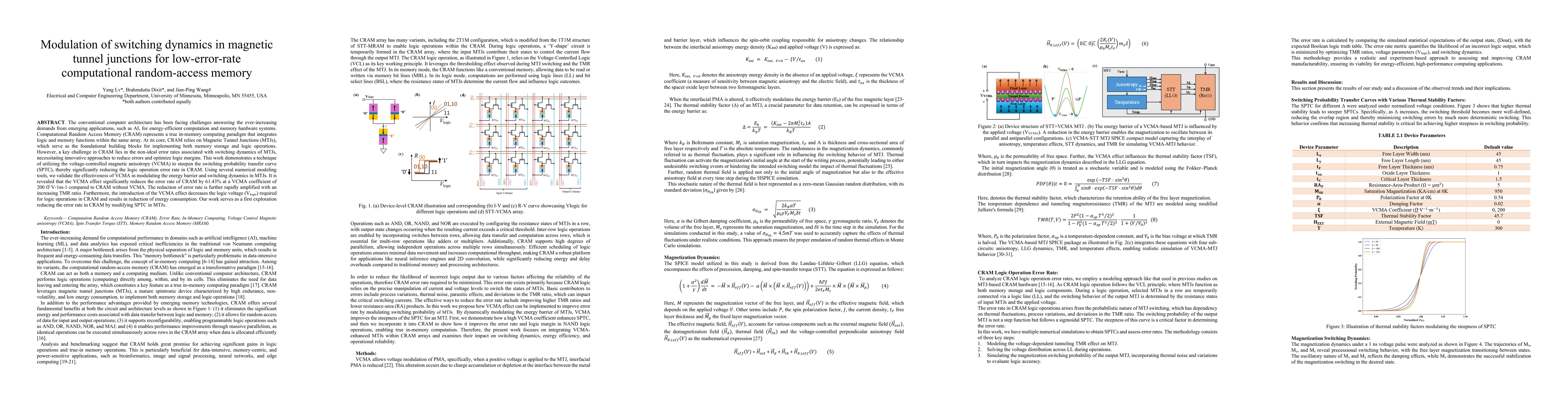 Thumbnail for Modulation of switching dynamics in magnetic tunnel junctions for
  low-error-rate computational random-access memory