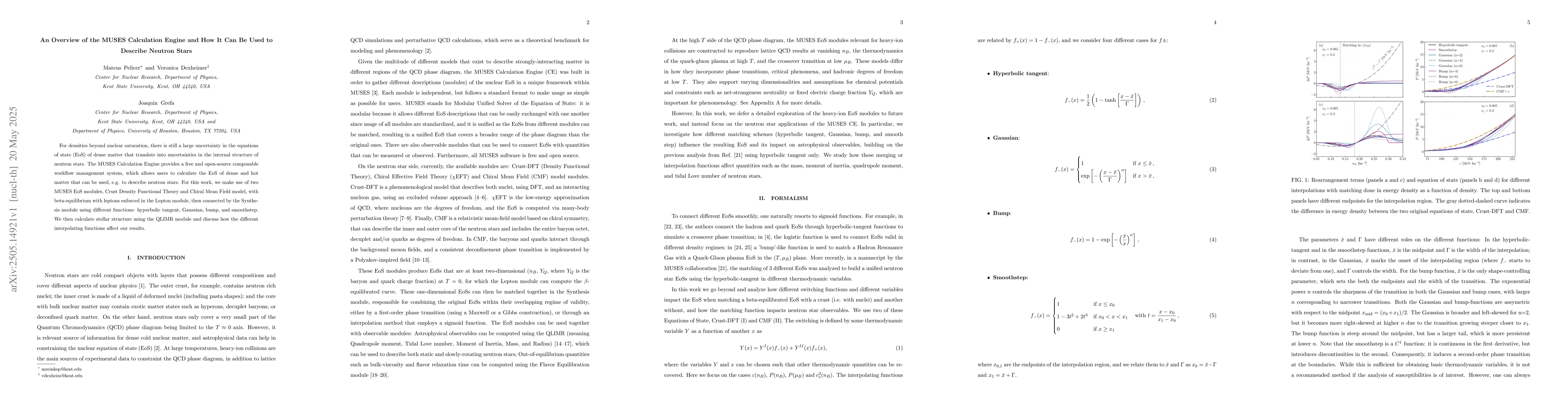 Thumbnail for An Overview of the MUSES Calculation Engine and How It Can Be Used to
  Describe Neutron Stars