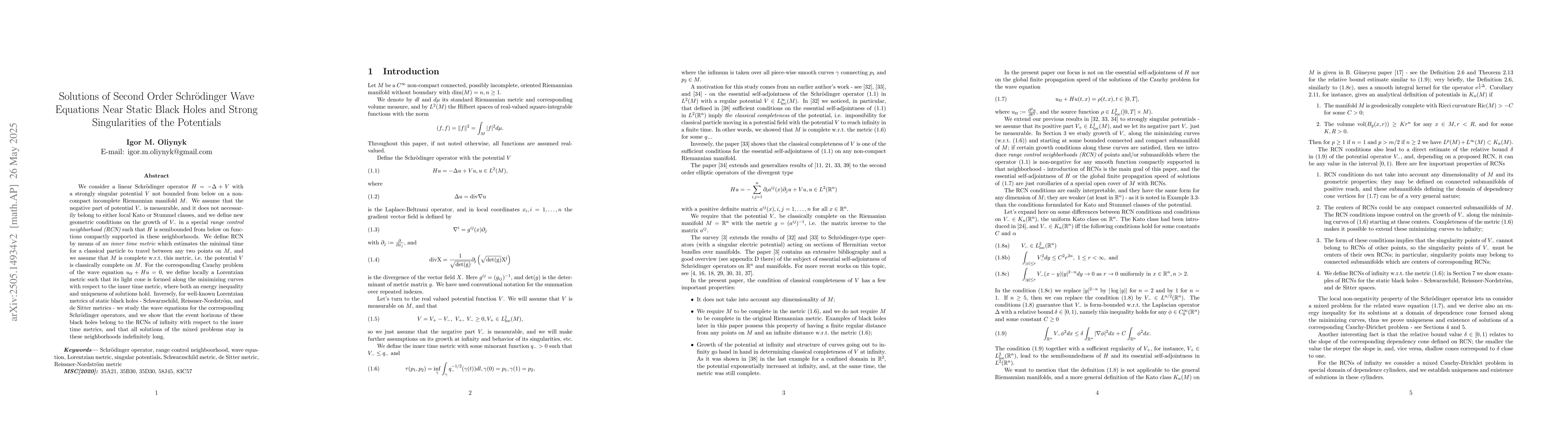 Thumbnail for Solutions of Second Order Schrödinger Wave Equations Near Static Black
  Holes and Strong Singularities of the Potentials