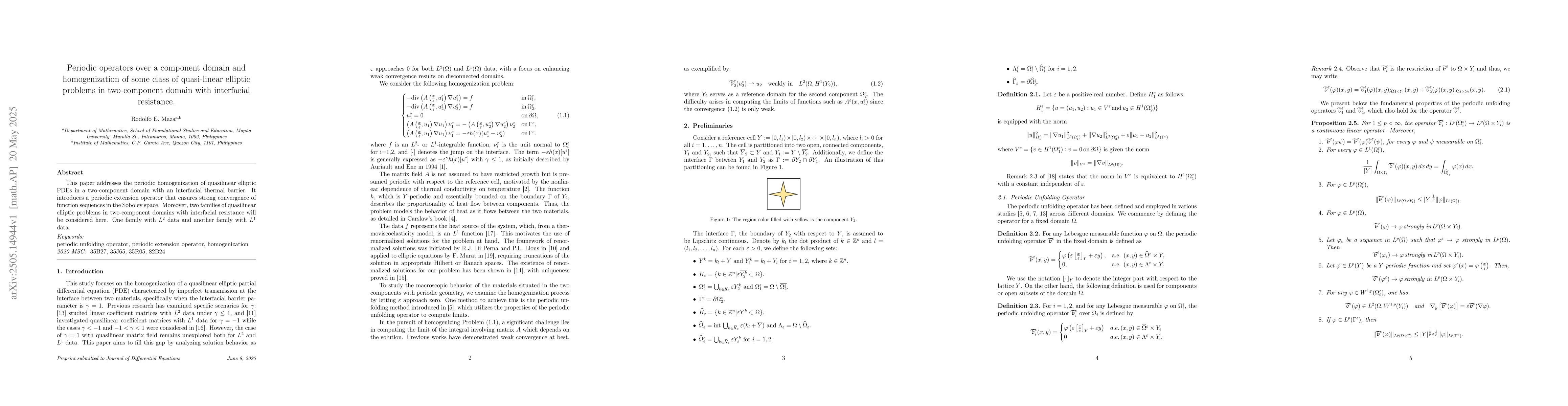 Thumbnail for Periodic operators over a component domain and homogenization of some
  class of quasi-linear elliptic problems in two-component domain with
  interfacial resistance