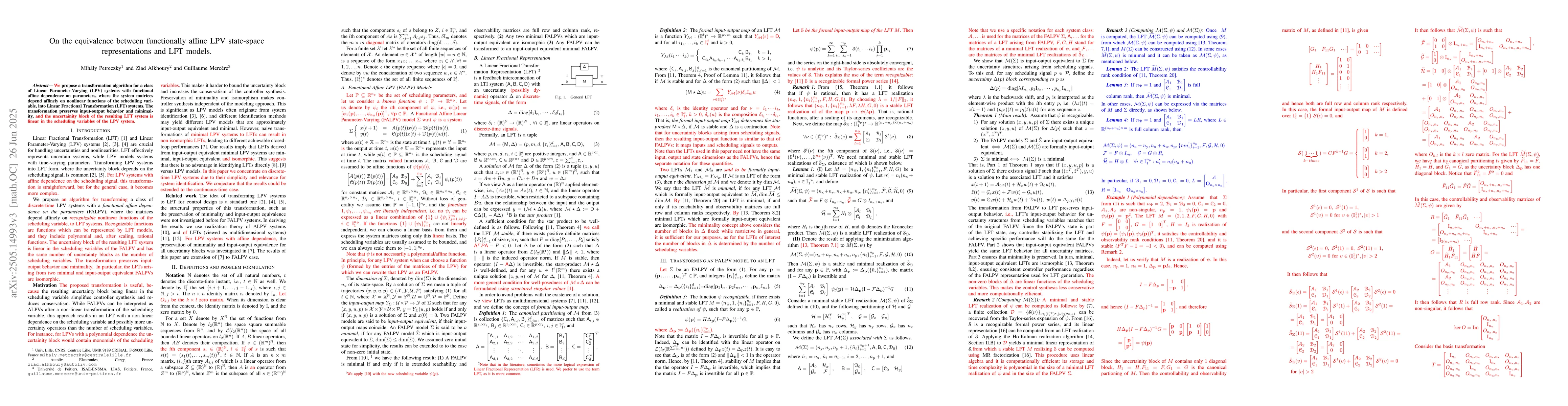Thumbnail for On the equivalence between functionally affine LPV state-space
  representations and LFT models